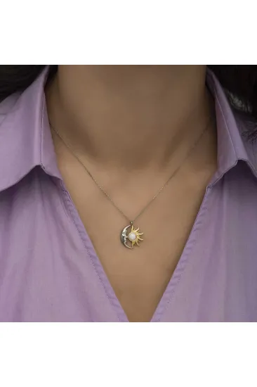 Gümüş Opal Beyaz Taşlı Ay Güneş Kadın Kolye Gümüş Opal Beyaz Taşlı Ay Güneş Kadın Kolye