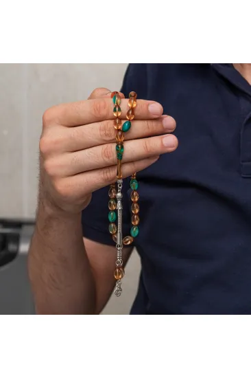Metal Püsküllü Turkuaz Amber Sıkma Kehribar Tesbih Metal Püsküllü Turkuaz Amber Sıkma Kehribar Tesbih
