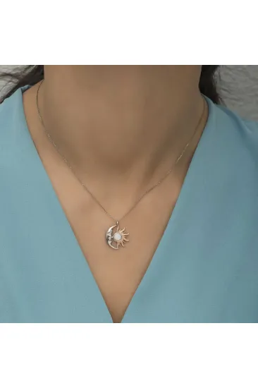 Gümüş Opal Beyaz Taşlı Ay Güneş Kadın Kolye Gümüş Opal Beyaz Taşlı Ay Güneş Kadın Kolye