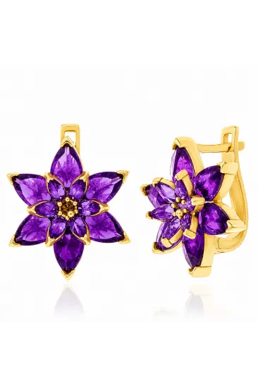 Gümüş Gold Mor Lotus Çiçeği Kadın Küpe Gümüş Gold Mor Lotus Çiçeği Kadın Küpe
