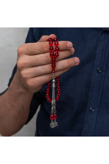 Metal Püsküllü Kırmızı Sıkma Kehribar Tesbih