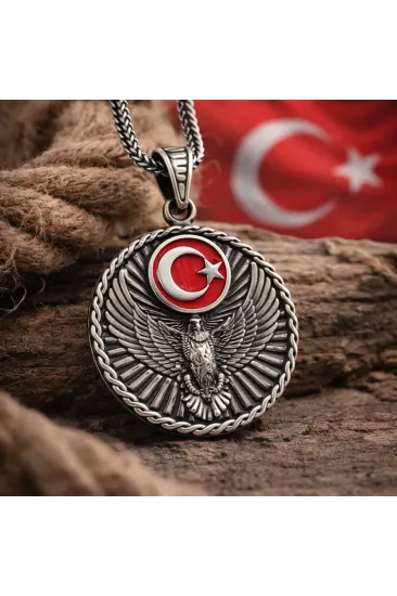 Gümüş Türk Kartalı ve Ay Yıldız Motifli Erkek Kolye Gümüş Türk Kartalı ve Ay Yıldız Motifli Erkek Kolye