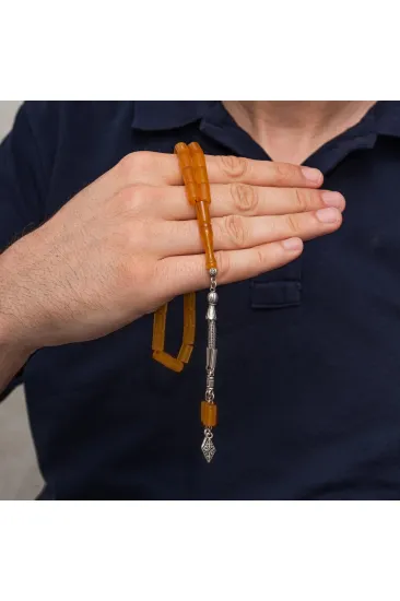 Metal Püsküllü 7x11 mm Kesme Sıkma Kehribar Tesbih