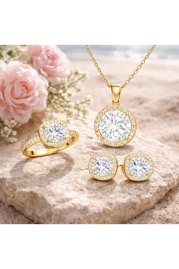 Gümüş Gold Yuvarlak Montür Tek Taş Kadın Set Gümüş Gold Yuvarlak Montür Tek Taş Kadın Set