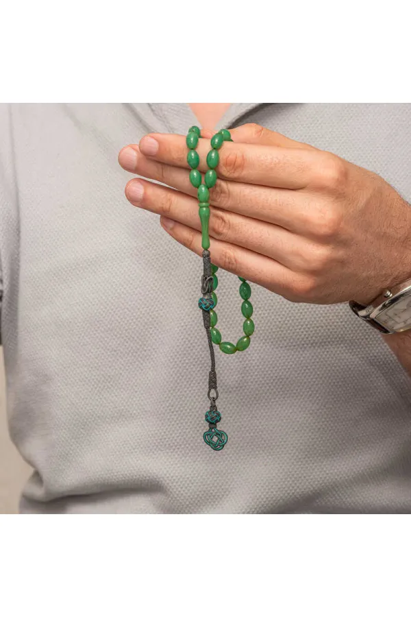 Gümüş Kazaz Püsküllü Yeşil Sıkma Kehribar Tesbih Gümüş Kazaz Püsküllü Yeşil Sıkma Kehribar Tesbih