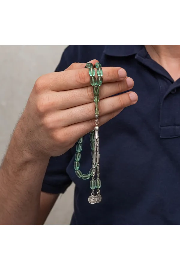 Metal Püsküllü Şeffaf Su Yeşili Sıkma Kehribar Tesbih Metal Püsküllü Şeffaf Su Yeşili Sıkma Kehribar Tesbih