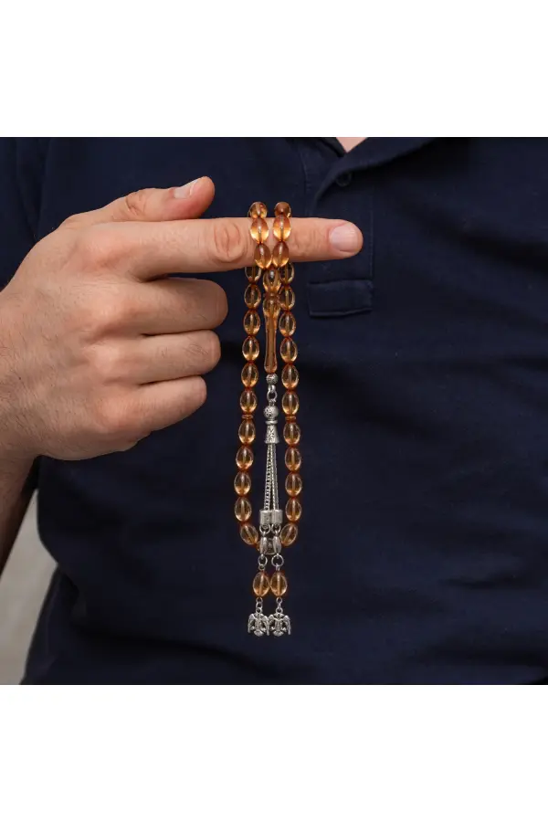 Metal Püsküllü Bal Şeffaf Sıkma Kehribar Tesbih