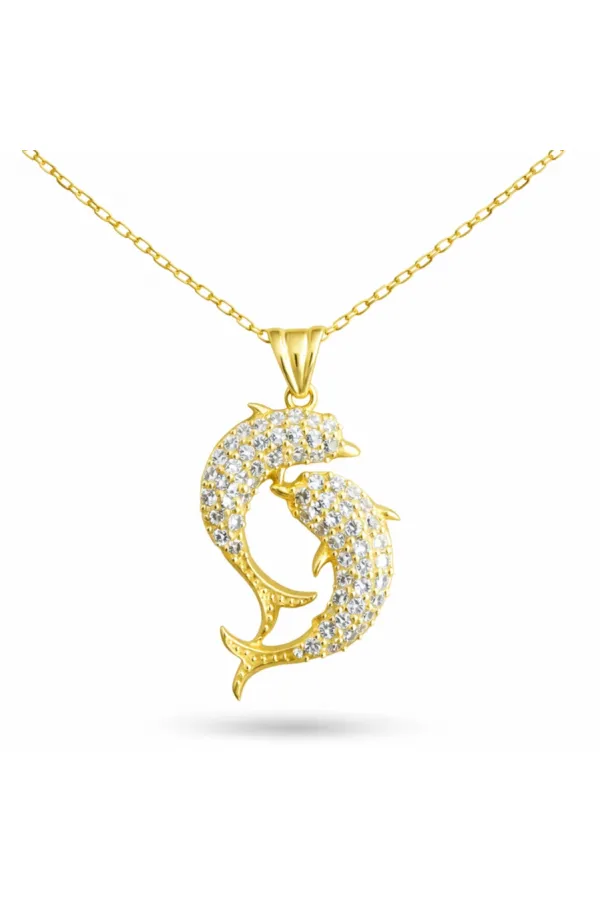 Gümüş Gold Çift Yunus Balığı Kadın Kolye