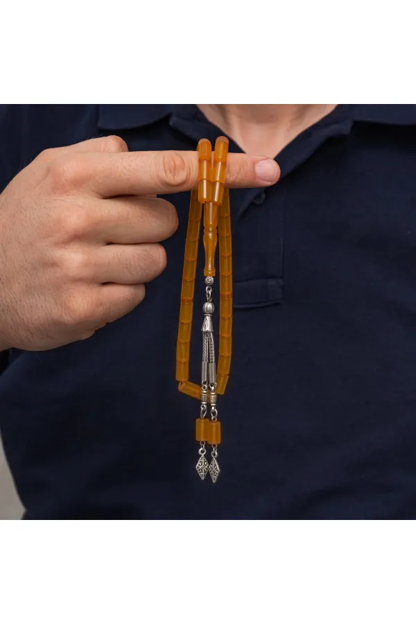 Metal Püsküllü 7x11 mm Kesme Sıkma Kehribar Tesbih