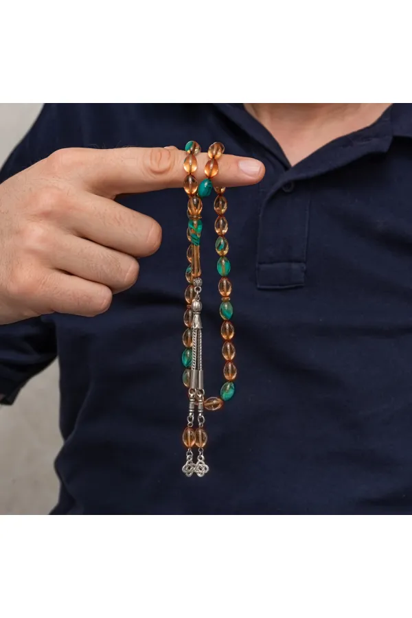 Metal Püsküllü Turkuaz Amber Sıkma Kehribar Tesbih Metal Püsküllü Turkuaz Amber Sıkma Kehribar Tesbih