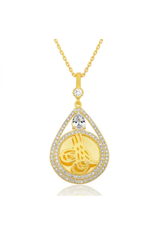 Gümüş Gold Kaplama Damla Tuğralı Kadın Kolye Gümüş Gold Kaplama Damla Tuğralı Kadın Kolye