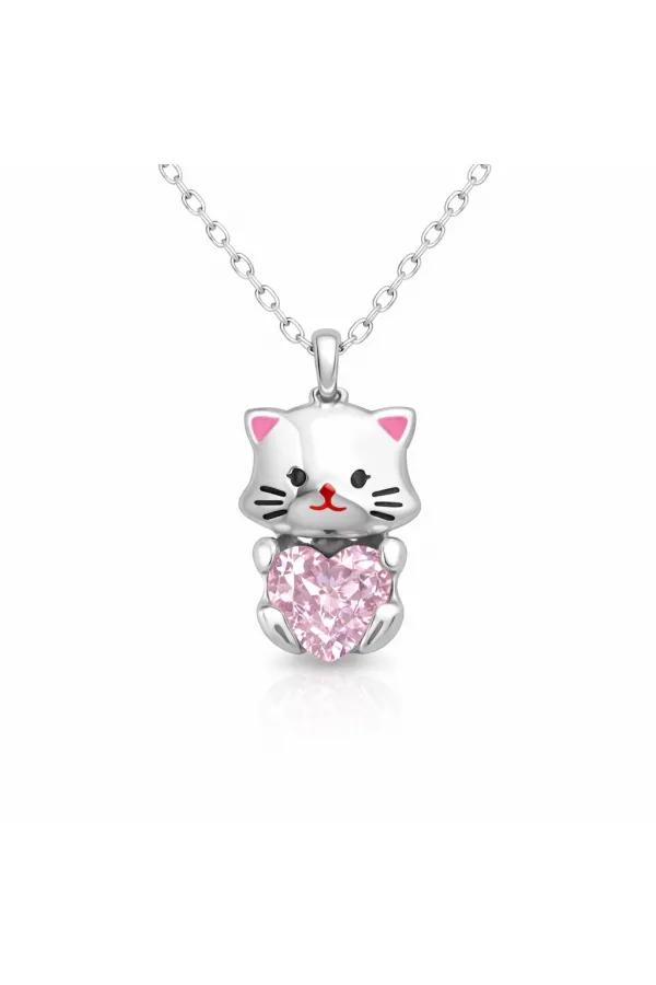 Gümüş Pembe Taşlı Sevimli Kedi Kadın Kolye Gümüş Pembe Taşlı Sevimli Kedi Kadın Kolye