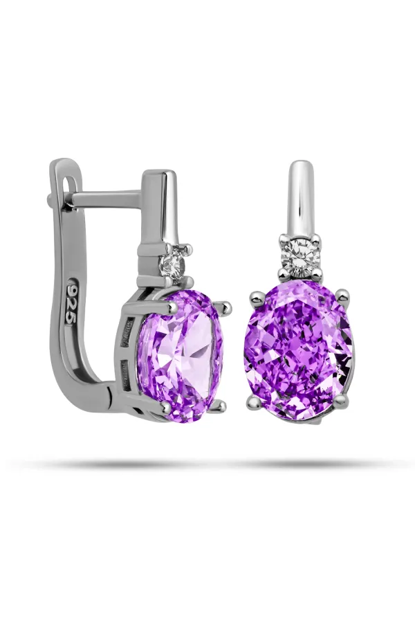 Gümüş Ice Cut Oval Mor Zirkon Taşlı Kadın Küpe Gümüş Ice Cut Oval Mor Zirkon Taşlı Kadın Küpe