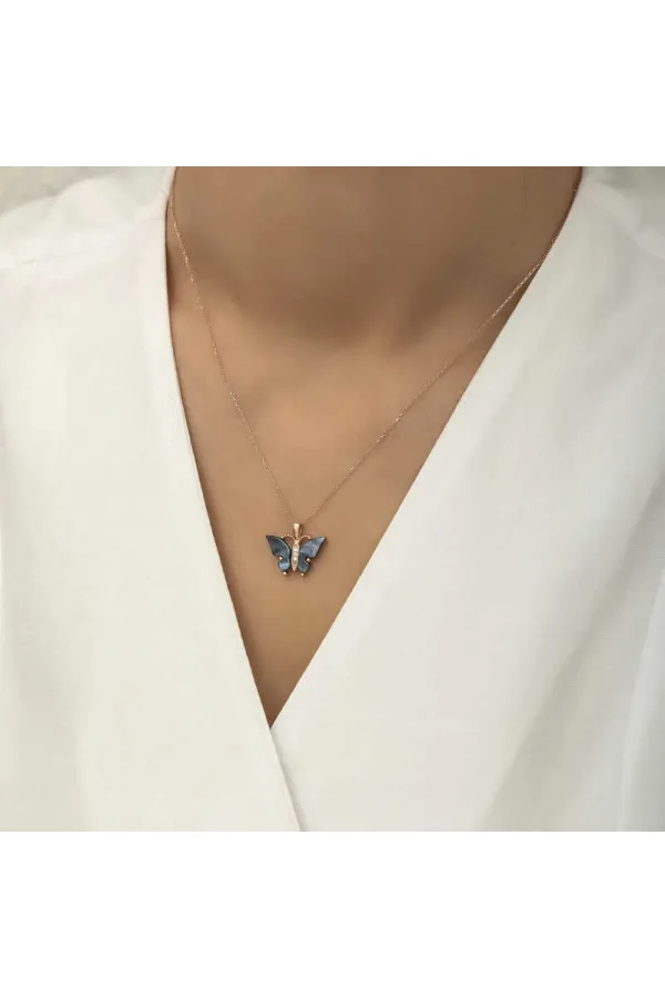 Gümüş Rose Antrasit Kaplangözü Taşlı Kelebek Kolye Gümüş Rose Antrasit Kaplangözü Taşlı Kelebek Kolye