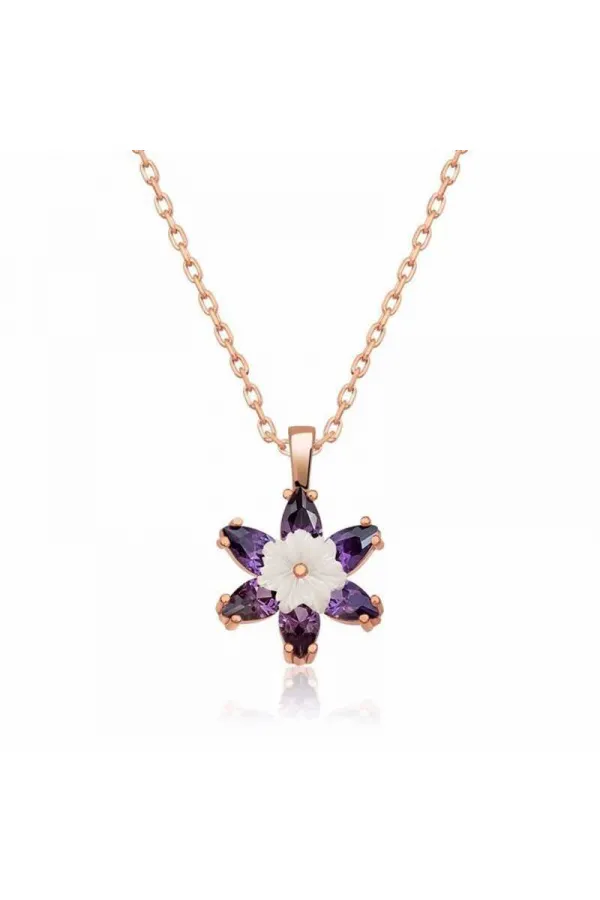 Gümüş Rose Mor Lotus Çiçeği Kolye