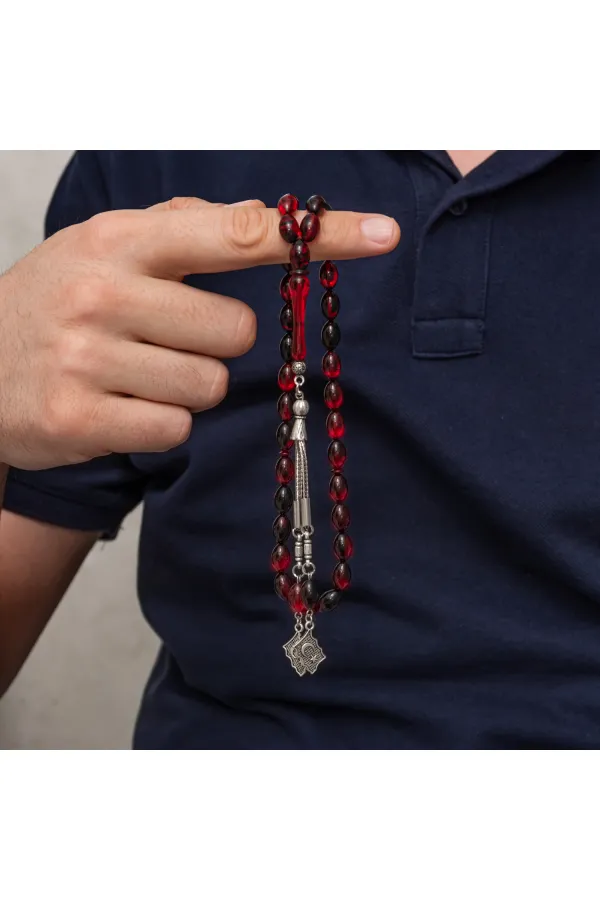 Metal Püsküllü Kırmızı Siyah Sıkma Kehribar Tesbih Metal Püsküllü Kırmızı Siyah Sıkma Kehribar Tesbih