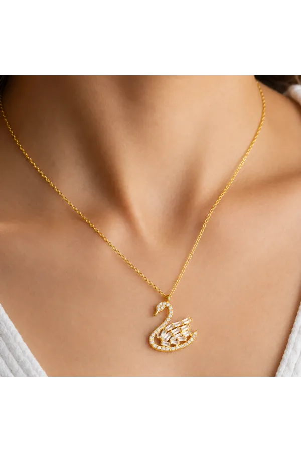 Gümüş Gold Baget Taşlı Kuğu Kadın Kolye Gümüş Gold Baget Taşlı Kuğu Kadın Kolye