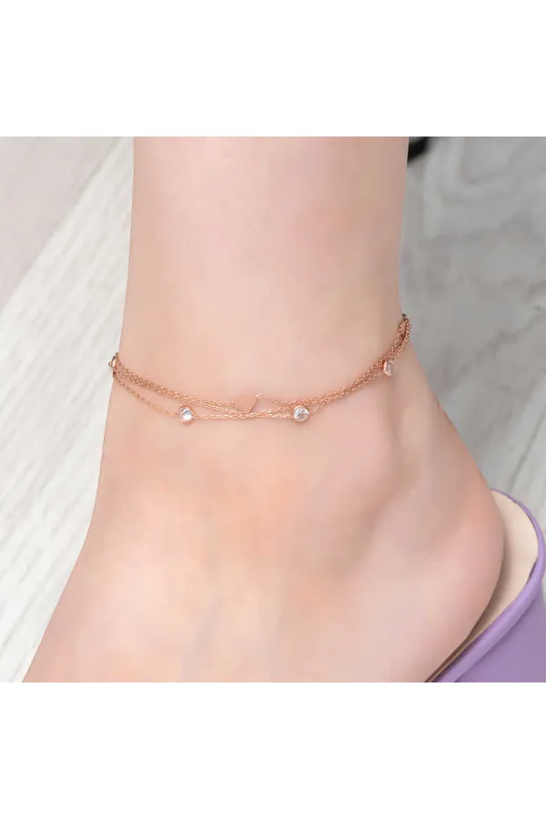 Gümüş Rose Çift Zincirli Kalp Zirkon Taşlı Halhal
