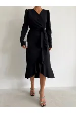 Krep Kumaş Midi Boy Kuşaklı Uzunkol Elbise 113 Cm