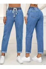 Kadın Yüksek Bel Bağcıklı Kot Pantolon Kadın Yüksek Bel Bağcıklı Kot Pantolon