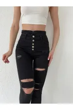 Kadın 5 Düğmeli V Detay Bel Yırtık Kot Pantolon Kadın 5 Düğmeli V Detay Bel Yırtık Kot Pantolon