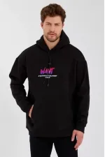 Erkek Baskılı Üç İplik Kapüşonlu Oversize Sweatshirt - Siyah Erkek Baskılı Üç İplik Kapüşonlu Oversize Sweatshirt - Siyah