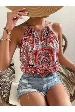 Kadın Halter Kollu Damla Detaylı Desenli Süprem Bluz Kadın Halter Kollu Damla Detaylı Desenli Süprem Bluz