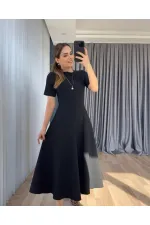 Kadın Kısa Kollu Bisiklet Yaka Maksi Boy Ithal Krep Elbise