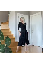 Krep Kumaş Midi Boy Kuşaklı Uzunkol Elbise 113 Cm