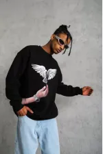 Erkek Güvercin Baskılı Sweatshirt - Siyah Erkek Güvercin Baskılı Sweatshirt - Siyah
