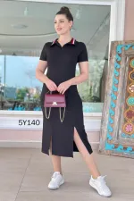 Kadın Yaka Ribanalı Çift Yırtmaçlı Elbise Kadın Yaka Ribanalı Çift Yırtmaçlı Elbise