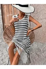 Kadın Kolsuz Eteği Püsküllü çizgi Desen Triko Elbise Kadın Kolsuz Eteği Püsküllü çizgi Desen Triko Elbise