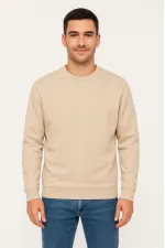 Erkek Üç İplik Düz Bisiklet Yaka SweatShirt - Bej Erkek Üç İplik Düz Bisiklet Yaka SweatShirt - Bej
