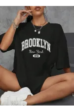 Baskılı Oversize Bisiklet Yaka T-shirt - Siyah Baskılı Oversize Bisiklet Yaka T-shirt - Siyah