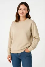 Üç İplik Düz Bisiklet Yaka SweatShirt - Bej Üç İplik Düz Bisiklet Yaka SweatShirt - Bej
