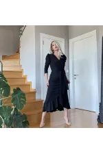 Krep Kumaş Midi Boy Kuşaklı Uzunkol Elbise 113 Cm