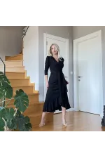 Krep Kumaş Midi Boy Kuşaklı Uzunkol Elbise 113 Cm