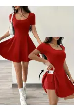 Kadın Kısa Kollu Kare Yaka Short Detaylı Cepli Dalgıç Elbise Kadın Kısa Kollu Kare Yaka Short Detaylı Cepli Dalgıç Elbise