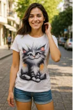 Kadın Kısa Kollu Bisiklet Yaka Kedi Baskılı Süprem Bluz Kadın Kısa Kollu Bisiklet Yaka Kedi Baskılı Süprem Bluz