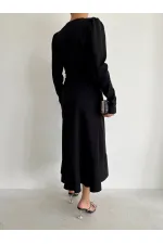 Krep Kumaş Midi Boy Kuşaklı Uzunkol Elbise 113 Cm