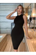Kadın Omuzlardan Açık Bisiklet Yaka Janjan Krep Elbise Kadın Omuzlardan Açık Bisiklet Yaka Janjan Krep Elbise