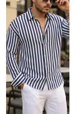 Erkek Dikey Çizgili Yarım Oversize Gömlek Erkek Dikey Çizgili Yarım Oversize Gömlek