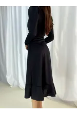 Krep Kumaş Midi Boy Kuşaklı Uzunkol Elbise 113 Cm
