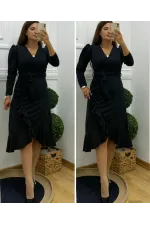 Krep Kumaş Midi Boy Kuşaklı Uzunkol Elbise 113 Cm