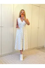 Kadın Kruvaze Yaka Kolsuz Puantiyeli Midi Boy Elbise