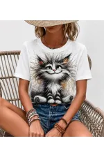 Kadın Kısa Kollu Bisiklet Yaka Kedi Baskılı Süprem Bluz Kadın Kısa Kollu Bisiklet Yaka Kedi Baskılı Süprem Bluz