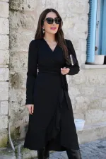 Krep Kumaş Midi Boy Kuşaklı Uzunkol Elbise 113 Cm