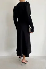 Krep Kumaş Midi Boy Kuşaklı Uzunkol Elbise 113 Cm