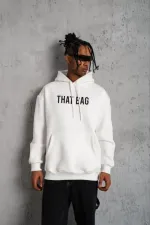 Erkek Kanguru Cep Baskılı Kapüşonlu Sweatshirt - Beyaz Erkek Kanguru Cep Baskılı Kapüşonlu Sweatshirt - Beyaz