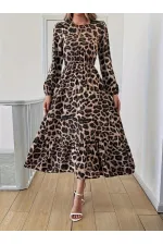 Uzun Kollu Bisiklet Yaka Leopar Desenli Midi Süprem Elbise Uzun Kollu Bisiklet Yaka Leopar Desenli Midi Süprem Elbise